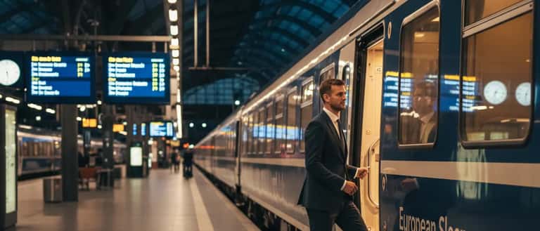 Mann mit Koffer steigt am Berliner Hauptbahnhof in Nachtzug nach Paris ein