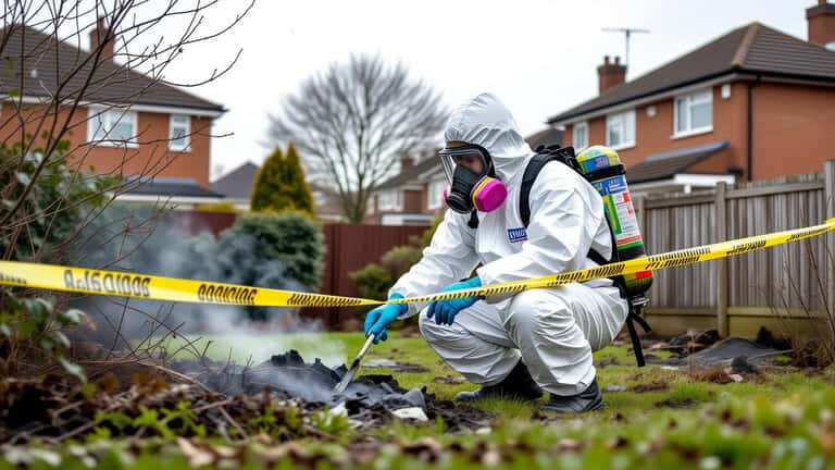 Hazmat contractor in white protective suit collecting ash and debris from a residential garden in Widnes after the recycling facility fire, yellow warning tape visible