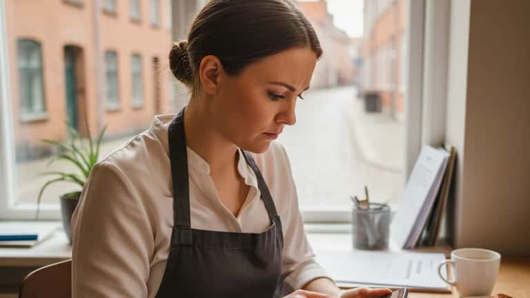 Restaurantansat i Aalborg kontrollerer lønseddel og genetillæg med overenskomsttekst og lommeregner på et kontor