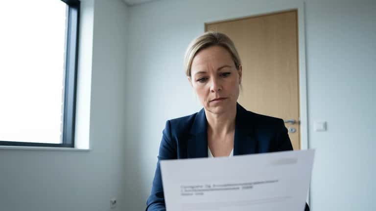 Dansk kvindelig funktionær læser formelt opsigelsesdokument i møderum hos handelsfirma i Esbjerg