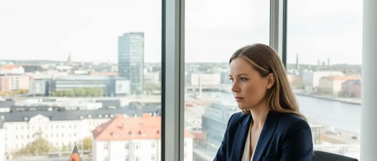 Svensk arbetsrättsadvokat granskar dokument på modern nordisk advokatbyrå i Göteborg