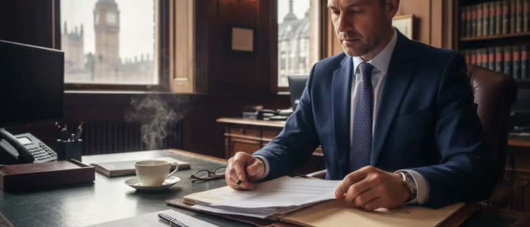 British solicitor reviewing estate documents and will in a London law office with inheritance papers