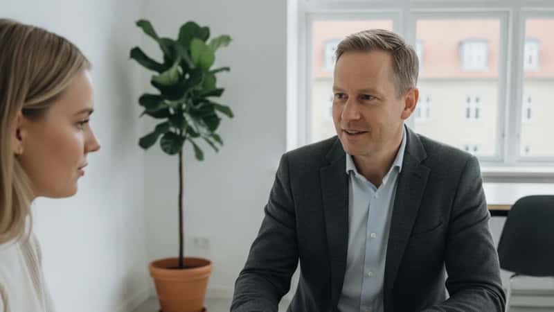 HR-chef og medarbejder drøfter ansættelsesaftale i Copenhagen Frederiksberg kontor