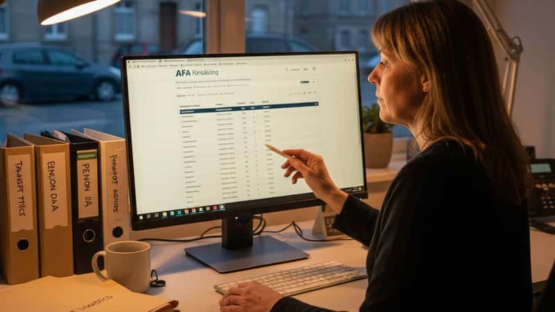 HR-chef vid skrivbord på åkeriföretag i Örebro granskar pensionsavsättningstabell med AFA Försäkring på datorskärmen