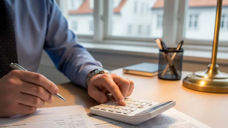 Finansansatt i Bergen beregner lønn ved hjelp av kalkulator og lønnsslipp