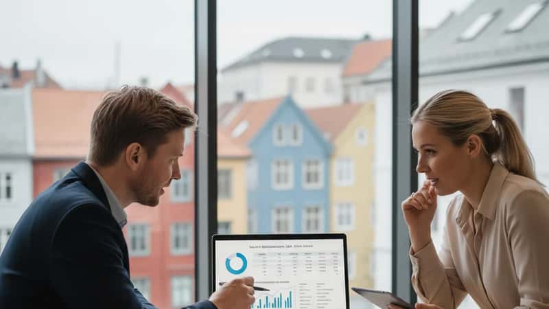 Finansansatte i Trondheim sammenligner lønnsdata på laptop