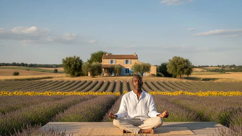 Man seated cross-legged in mindfulness meditation practice in a bright wellness studio in Chicago with soft afternoon light and minimal white interior