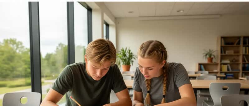 Teenagerelev arbejder med geometriopgaver i en notesbog ved et skrivebord med blyant og passer