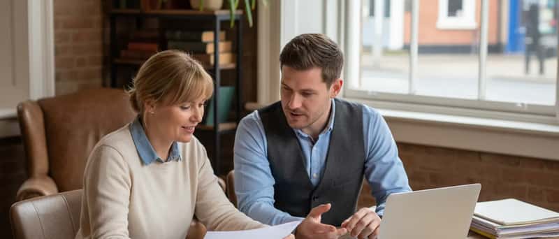 Small business owner and bookkeeper reviewing invoices together at a desk in a British office