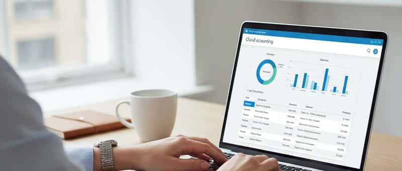Hands typing on a laptop displaying a cloud accounting dashboard with financial charts