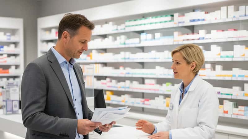Homme consultant un pharmacien suisse dans une pharmacie à Berne pour ses questions d'assurance maladie