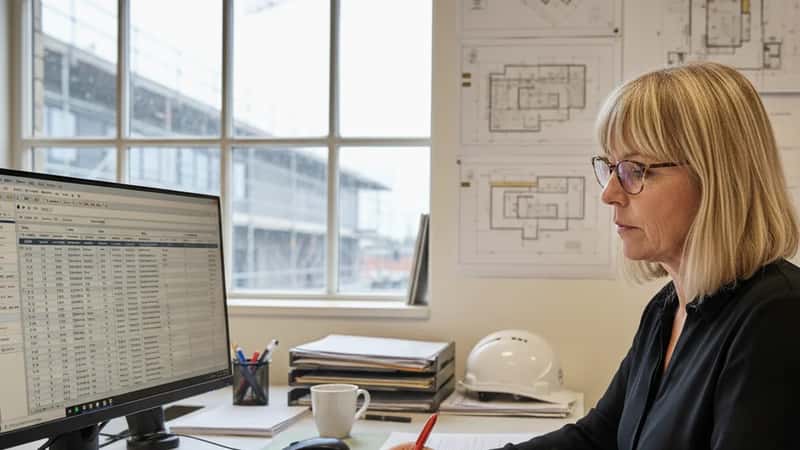 HR-chef i byggefirma gennemgår Bygningsoverenskomsten 2025-2028 i kontorlokalerne i Odense