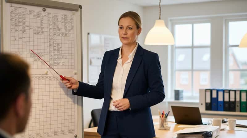 HR-chef i Kolding peger på løntabel ved whiteboard i lyst busselskabskontor med kollega i forgrunden