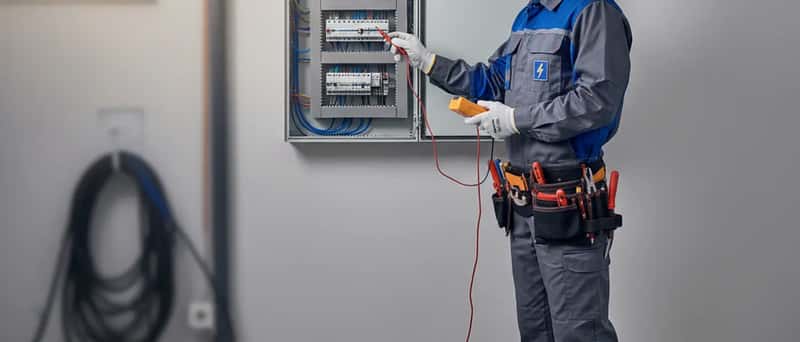 Elektriker in Arbeitskleidung prüft einen Sicherungskasten in einem deutschen Wohnhaus