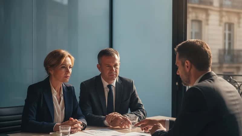 Couple français à Montpellier en consultation avec un conseiller en gestion de patrimoine, examinant des documents d'investissement dans un bureau moderne