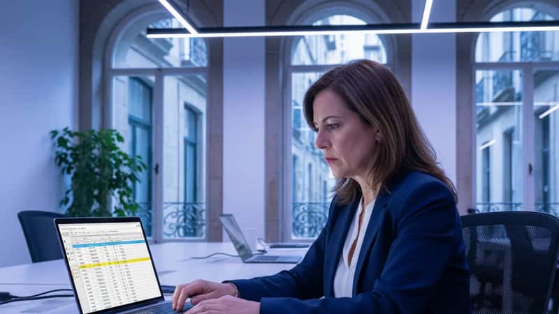 Consultora fiscal portuguesa a trabalhar num laptop com folha de cálculo de IRS no ecrã, num espaço de co-working em Porto