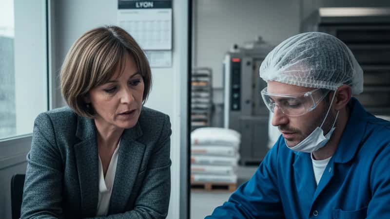 Responsable RH et salarié en tenue alimentaire discutant une grille de salaires dans l'industrie boulangère