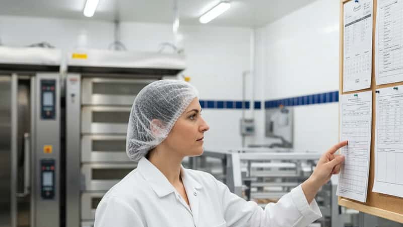 Salariée en tenue de production vérifiant un planning dans une usine de pâtisserie industrielle en Île-de-France