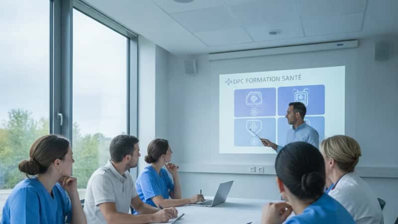 Professionnels de santé français participant à une session de DPC en formation continue dans une salle de séminaire à Nantes