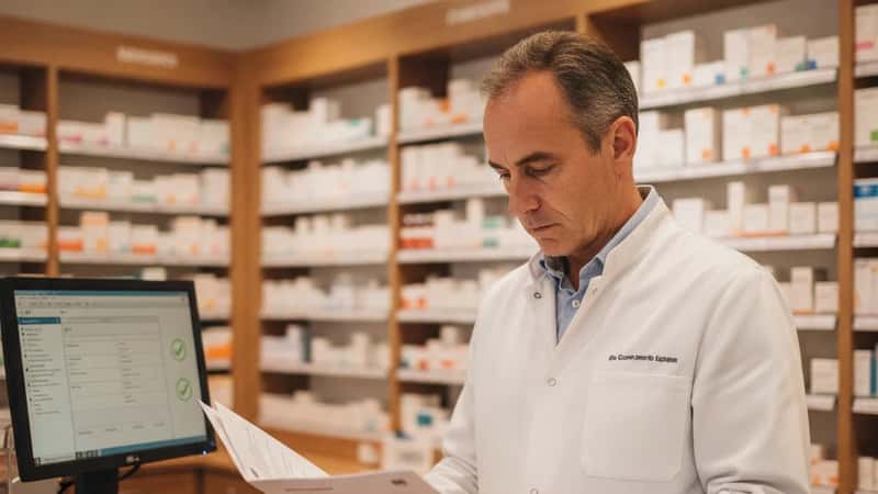 Pharmacien français à Bordeaux vérifiant ses attestations DPC au comptoir de l'officine, écran de conformité visible