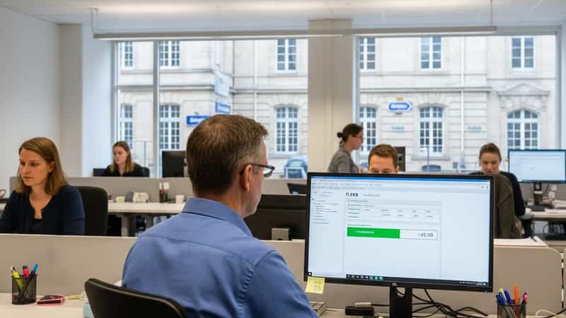 Statlig tjänsteman granskar flextidssaldo i HR-system vid arbetsstation i Uppsala myndighet: daglig kontroll av arbetstidsbalans