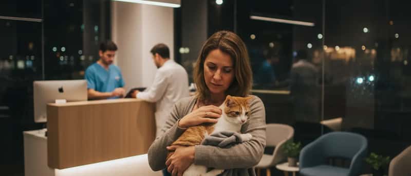 Tutora preocupada com o seu gato na sala de espera de urgências veterinárias, ambiente noturno numa clínica moderna