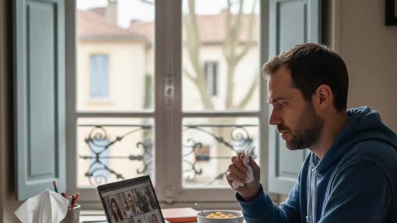 Worker in 30s working remotely from home in Baton Rouge suburb with tissues and medication beside laptop