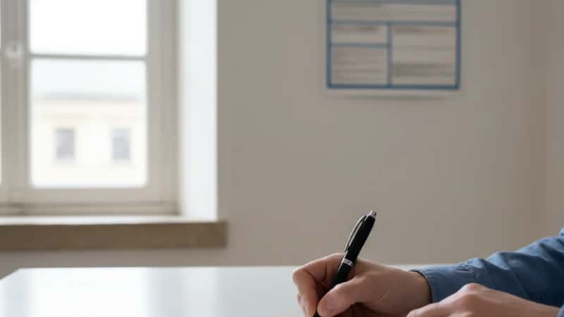 Hands signing a written wage demand letter on a desk in Minneapolis Minnesota, employment law poster visible in background