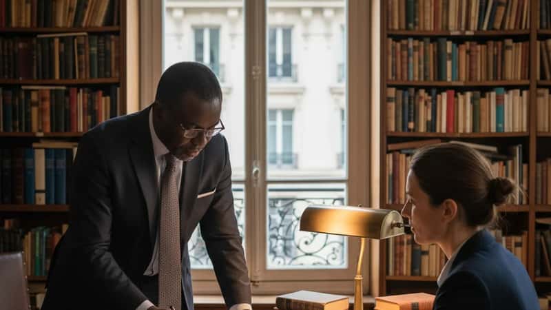 Employment attorney in Rochester Minnesota consulting with a client about a final paycheck claim, warm desk lamp lighting