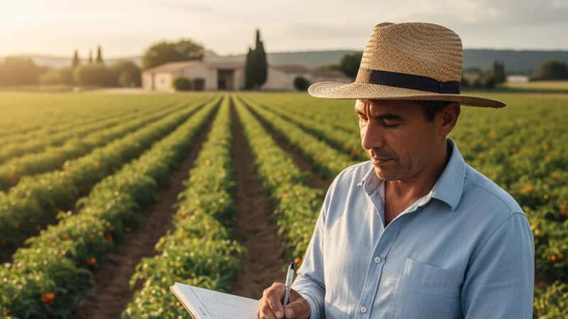 Florida farmworker recording hours in a Hendry County tomato field at sunrise