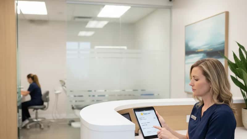 Calgary dental receptionist verifying a patient's CDCP Sun Life member card on a tablet at a modern clinic reception desk