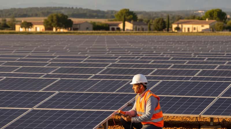 Solar panels on a beige suburban American home in Denver Colorado, sunny afternoon, electric vehicle in driveway, green lawn visible, clean energy transformation of an ordinary neighborhood