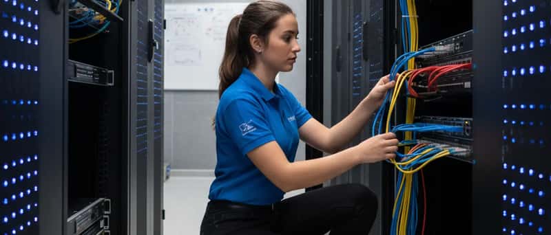 Técnica de informática a configurar equipamento de rede num bastidor de servidores