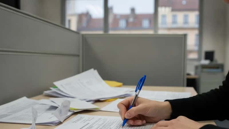 Femme française remplissant un formulaire de déclaration de maladie professionnelle CPAM sur un bureau, documents médicaux et stylo, lumière de bureau diffuse à Lyon