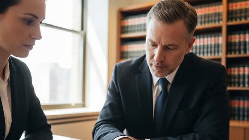 An employment attorney in a Chicago law office pointing to a non-compete clause in a printed contract during a consultation with a client