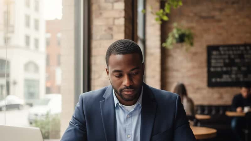A Black American professional in business casual reviewing employment contract pages at a Chicago café table with a laptop open beside him