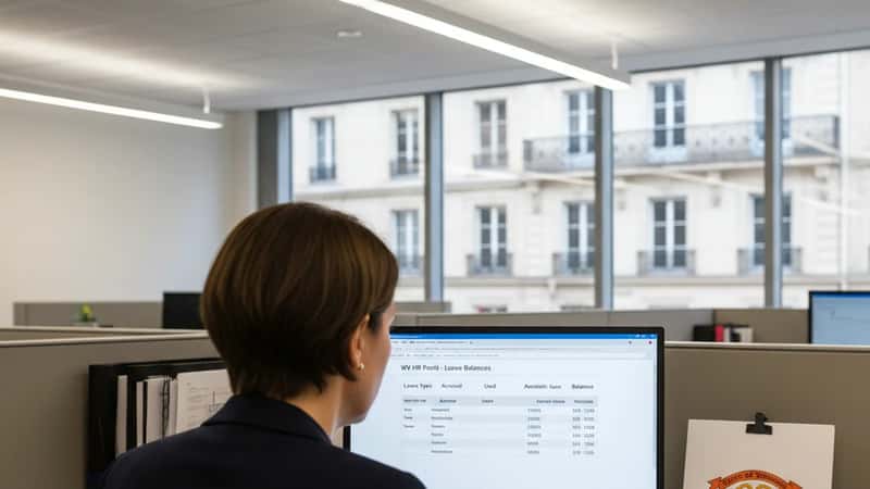 West Virginia state government employee reviewing sick leave balance on HR portal in a Kanawha County office