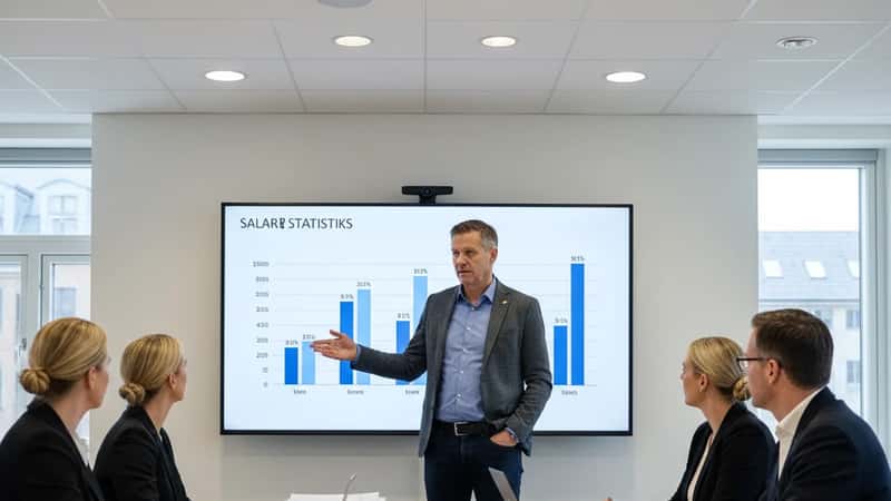 Faglig repræsentant præsenterer lønstatistik for kolleger i et konferencelokale i Aalborg