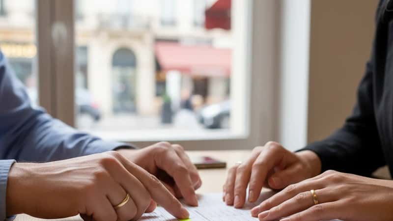 Mains françaises pointant une grille salariale sur un bureau en bois dans un bureau lyonnais, lumière naturelle douce, stylo plume posé à côté