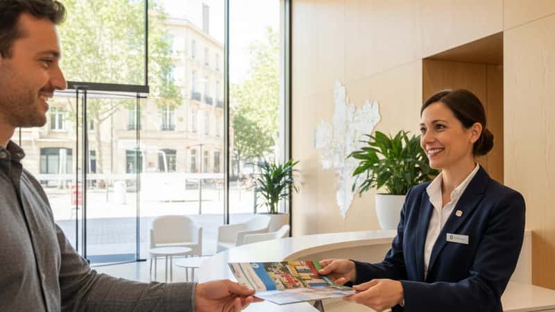 Agent d'accueil d'un office de tourisme à Bordeaux remettant une brochure à un visiteur, façade vitrée avec lumière naturelle, intérieur professionnel moderne
