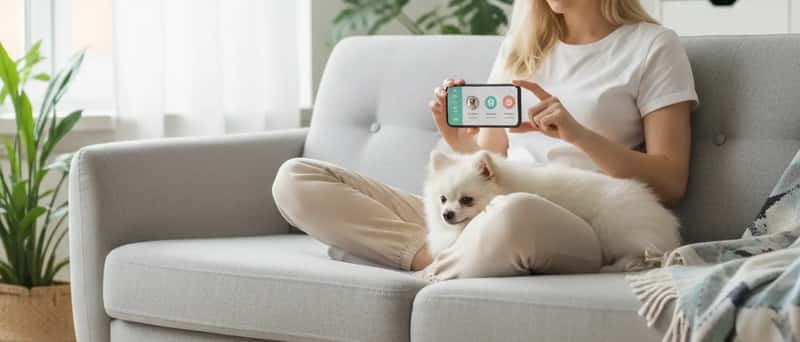 Person använder en djurhälsoapp på smarttelefon med en liten hund bredvid sig i soffan