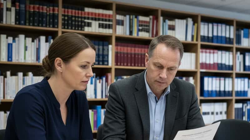 Dansk fagforeningsrepræsentant gennemgår ansættelsesbeskyttelsescheckliste med kollega i statsinstitution mødelokale i Aarhus