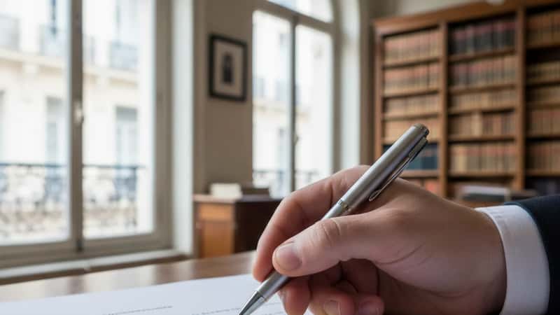 Close-up of non-compete agreement with highlighted clause and pen hovering above signature line, law office background