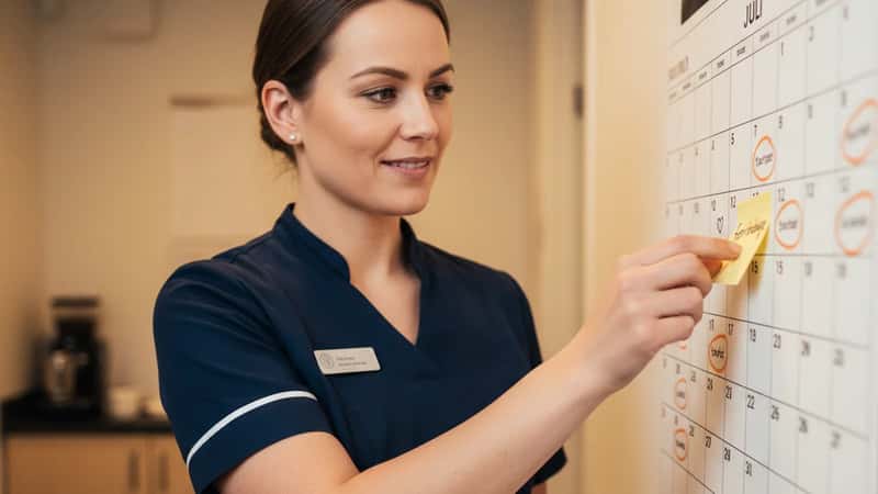 Hotel receptionist i Randers markerer feriefridage på en kalender i personalerummet