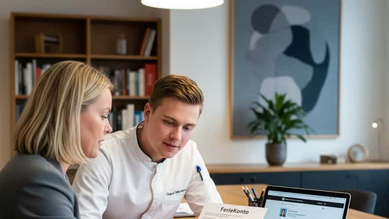 HR-chef og restaurantansat gennemgår FerieKonto-dokumenter i Vejle hotelkontor