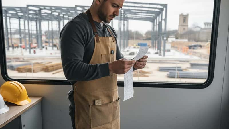 Missouri construction worker reviewing paycheck stub at a Joplin job site trailer to verify overtime pay