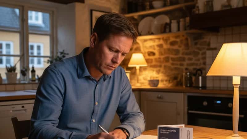 Finansansat i Randers gennemgår pensionsopsparing ved køkkenbordet om aftenen