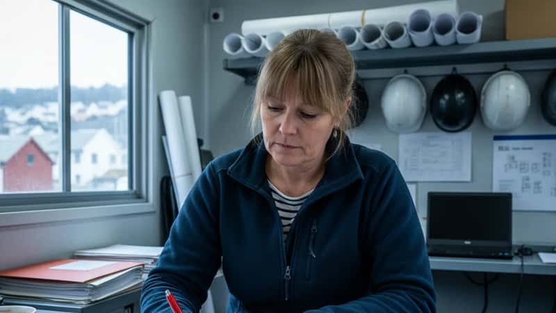 HR-leder i byggebransjen gjennomgår lønns- og tariffrapporter ved kontorpult på byggeplass i Bergen