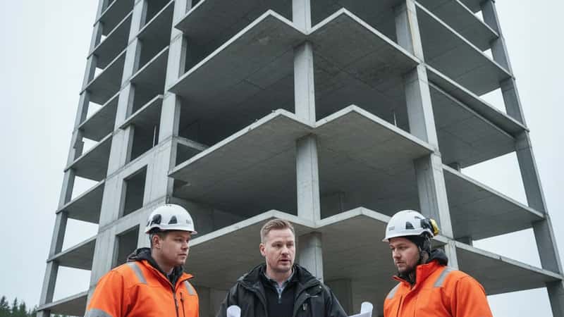 Fagforeningsrepresentant diskuterer tariffavtale med bygningsarbeidere utenfor betongkonstruksjon i Trondheim