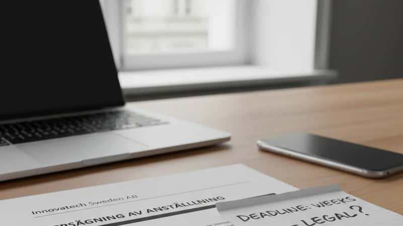 Utskrift av uppsägningsbesked på Stockholms tech-kontorsbord med handskriven 2-veckors deadline